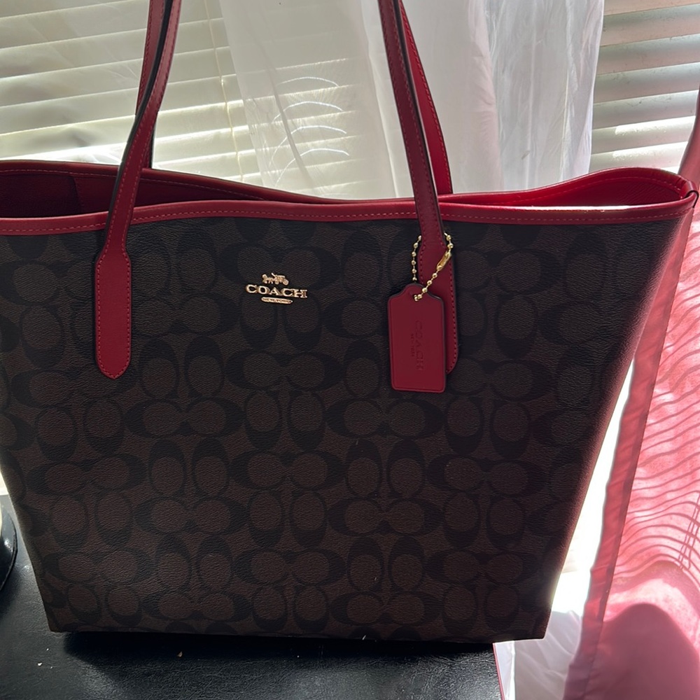 Coach brown and red tote bag